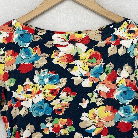 LAUREN RALPH LAUREN Top M Ribbed Floral Boat Neck Cuffed Sleeve Blue - Picture 4 of 12